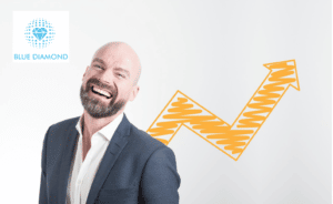 Man laughing and positive results arrow, demonstrating he can enjoy work