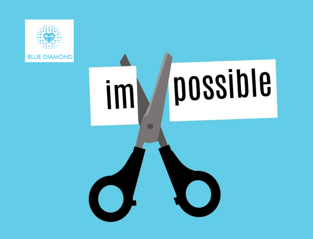 word 'impossible' cut up to leave word 'possible' - new possibilities with blue diamond logo