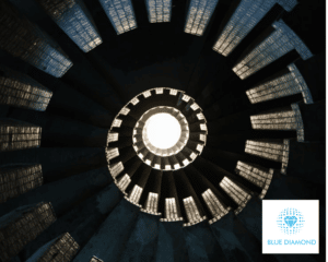 view of spiral staircase from ground with blue diamond logo
