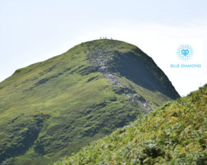 mountain with trail down side with blue diamond logo