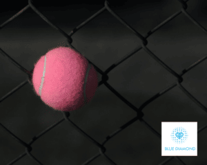 pink tennis ball stuck in fence with blue diamond logo