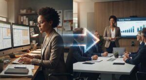 Home A professional woman transitions from managing detailed spreadsheets on multiple monitors to leading a strategic discussion in a boardroom, symbolizing the career progression from Finance Manager to Finance Director.