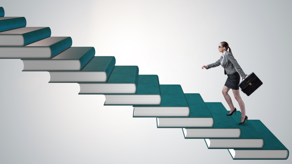 An infographic showing a finance professional climbing a staircase of books symbolising and advancement in skills for leadership position.